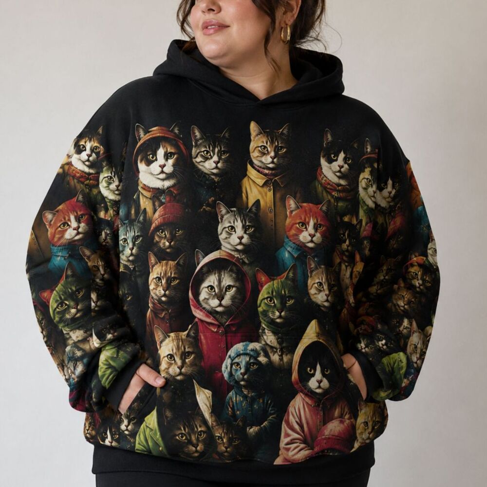 Women’s 5XL Oversized Cat Hoodie Black Graphic Sweatshirt Cozy Plus Size